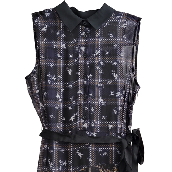 Navy Blue & Black Plaid Midi Ruffle High Low Butterfly Peter Pan Collar Size Med - Picture 4 of 13